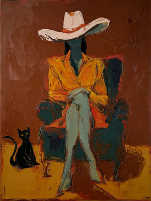 Seated Figure in Ochre with a Black Cat Wall Art artwork view | OILDECO