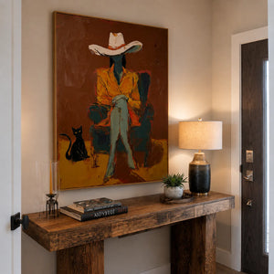 Seated Figure in Ochre with a Black Cat Wall Art styled interior scene 2 | OILDECO