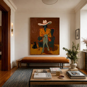 Seated Figure in Ochre with a Black Cat Wall Art styled interior scene 3 | OILDECO