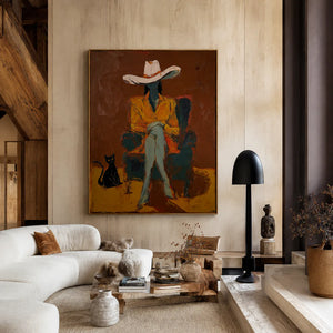 Seated Figure in Ochre with a Black Cat Wall Art styled interior scene 4 | OILDECO