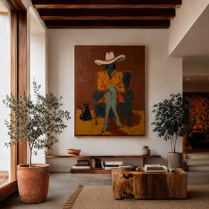 Seated Figure in Ochre with a Black Cat Wall Art styled interior scene 5 | OILDECO