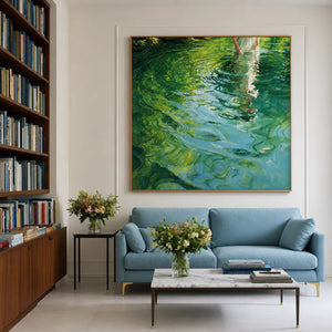 White Dress Reflected in Emerald Water Wall Art styled interior scene 1 | OILDECO