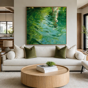 White Dress Reflected in Emerald Water Wall Art styled interior scene 2 | OILDECO