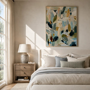 Sage Leaf Abstract Wall Art styled in a modern living room | Oildeco