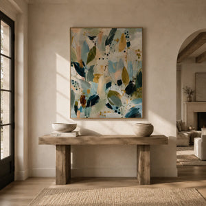 Sage Leaf Abstract Wall Art displayed above a sofa in a neutral interior | Oildeco