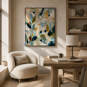 Sage Leaf Abstract Wall Art shown in a calm bedroom setting | Oildeco