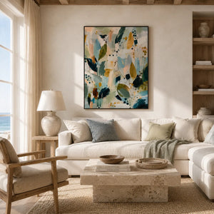 Sage Leaf Abstract Wall Art styled in a modern living room | Oildeco