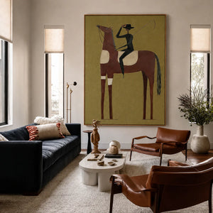 Tall Chestnut Horse and Dark-Clad Rider Wall Art styled interior scene 1 | OILDECO