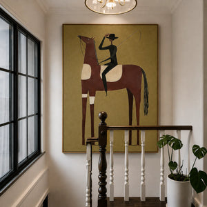 Tall Chestnut Horse and Dark-Clad Rider Wall Art styled interior scene 2 | OILDECO