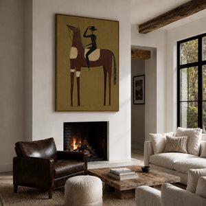 Tall Chestnut Horse and Dark-Clad Rider Wall Art styled interior scene 3 | OILDECO