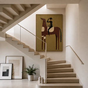 Tall Chestnut Horse and Dark-Clad Rider Wall Art styled interior scene 4 | OILDECO