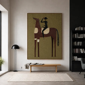 Tall Chestnut Horse and Dark-Clad Rider Wall Art styled interior scene 5 | OILDECO
