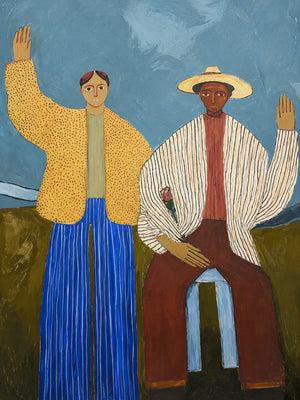 Two Waving Figures in Blue and Yellow Wall Art artwork view | OILDECO