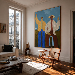 Two Waving Figures in Blue and Yellow Wall Art styled interior scene 2 | OILDECO