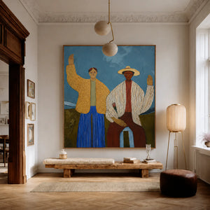 Two Waving Figures in Blue and Yellow Wall Art styled interior scene 3 | OILDECO