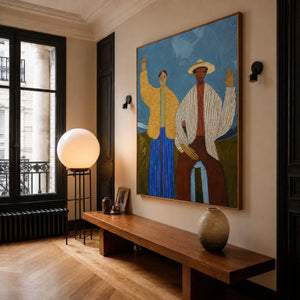 Two Waving Figures in Blue and Yellow Wall Art styled interior scene 4 | OILDECO