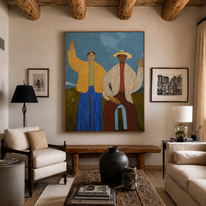 Two Waving Figures in Blue and Yellow Wall Art styled interior scene 5 | OILDECO
