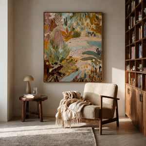 Pastel Botanical Layers in Aqua and Ochre Wall Art styled interior scene 1 | OILDECO