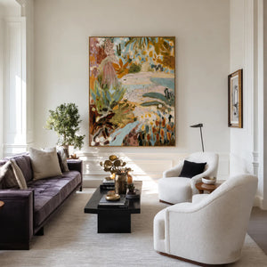 Pastel Botanical Layers in Aqua and Ochre Wall Art styled interior scene 2 | OILDECO