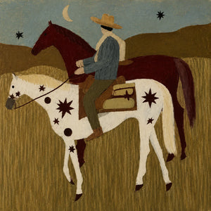Rider and Two Horses beneath a Crescent Moon Wall Art artwork view | OILDECO