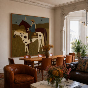 Rider and Two Horses beneath a Crescent Moon Wall Art styled interior scene 1 | OILDECO