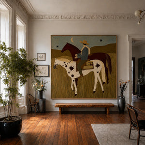 Rider and Two Horses beneath a Crescent Moon Wall Art styled interior scene 2 | OILDECO