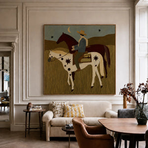 Rider and Two Horses beneath a Crescent Moon Wall Art styled interior scene 3 | OILDECO