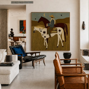 Rider and Two Horses beneath a Crescent Moon Wall Art styled interior scene 4 | OILDECO