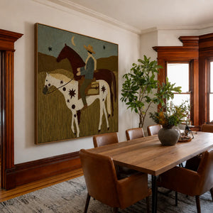 Rider and Two Horses beneath a Crescent Moon Wall Art styled interior scene 5 | OILDECO