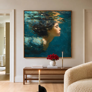 Teal Reverie Underwater Portrait Wall Art styled interior scene 1 | OILDECO