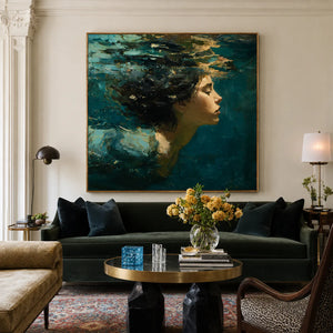 Teal Reverie Underwater Portrait Wall Art styled interior scene 2 | OILDECO