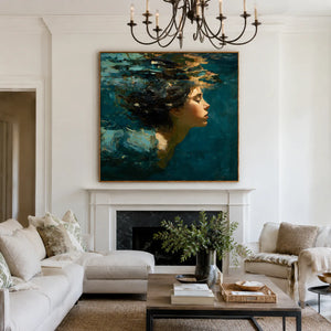 Teal Reverie Underwater Portrait Wall Art styled interior scene 4 | OILDECO