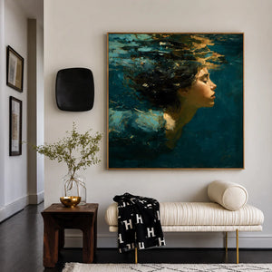 Teal Reverie Underwater Portrait Wall Art styled interior scene 5 | OILDECO