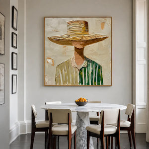 Wide-Brim Hat and Green Stripes Portrait Wall Art styled interior scene 1 | OILDECO