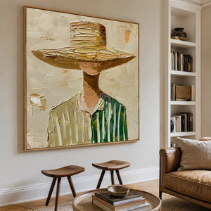 Wide-Brim Hat and Green Stripes Portrait Wall Art styled interior scene 2 | OILDECO