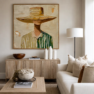 Wide-Brim Hat and Green Stripes Portrait Wall Art styled interior scene 3 | OILDECO