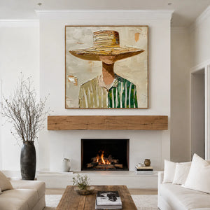 Wide-Brim Hat and Green Stripes Portrait Wall Art styled interior scene 4 | OILDECO