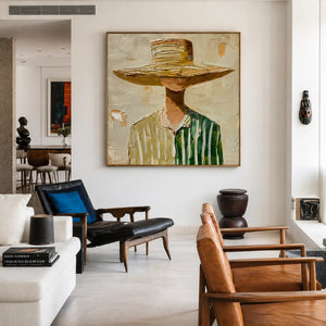 Wide-Brim Hat and Green Stripes Portrait Wall Art styled interior scene 5 | OILDECO