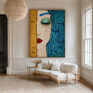 Turquoise Curls and Golden Tears Portrait Wall Art styled interior scene 1 | OILDECO