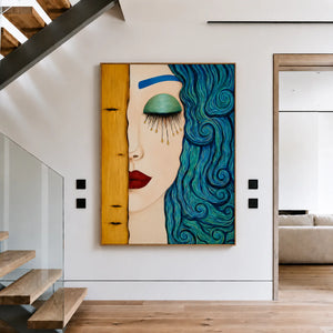 Turquoise Curls and Golden Tears Portrait Wall Art styled interior scene 2 | OILDECO