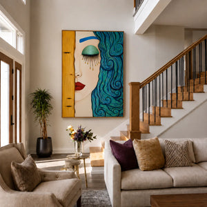 Turquoise Curls and Golden Tears Portrait Wall Art styled interior scene 3 | OILDECO