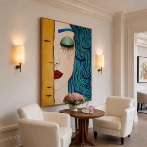 Turquoise Curls and Golden Tears Portrait Wall Art styled interior scene 4 | OILDECO