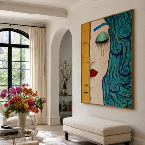 Turquoise Curls and Golden Tears Portrait Wall Art styled interior scene 5 | OILDECO