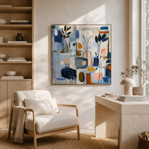 Blue Studio Floral Wall Art displayed above a sofa in a neutral interior | Oildeco