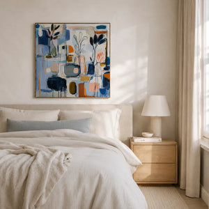 Blue Studio Floral Wall Art shown in a calm bedroom setting | Oildeco