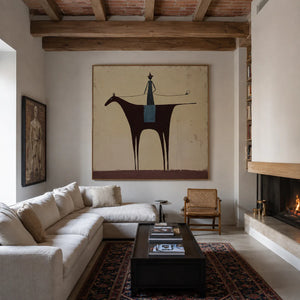 Slender Rider on a Burgundy Horse Wall Art styled interior scene 1 | OILDECO