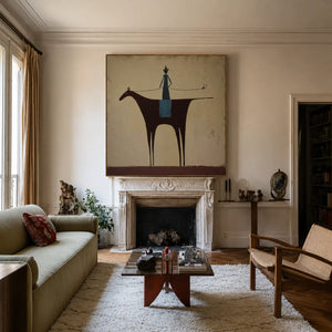 Slender Rider on a Burgundy Horse Wall Art styled interior scene 2 | OILDECO