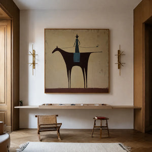Slender Rider on a Burgundy Horse Wall Art styled interior scene 3 | OILDECO
