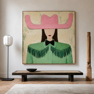 Pink Cowboy Hat and Green Fringe Portrait Wall Art styled interior scene 1 | OILDECO