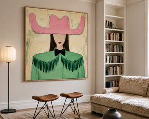 Pink Cowboy Hat and Green Fringe Portrait Wall Art styled interior scene 2 | OILDECO